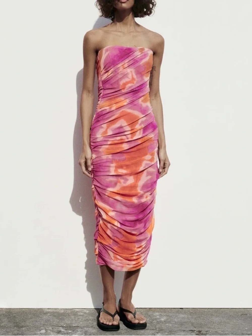 Zara Strapless Pink & Orange Tie-Dye Ruched Midi Dress